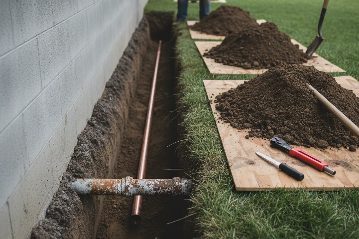 Excavated water line trench during Water Heater Repair in Lake Orion